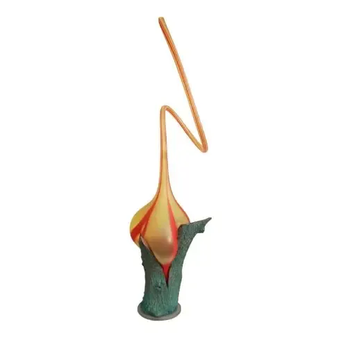 A tall, stylized flower sculpture. Yellow bulbous bloom with red accents, green base, and a curving orange stem.