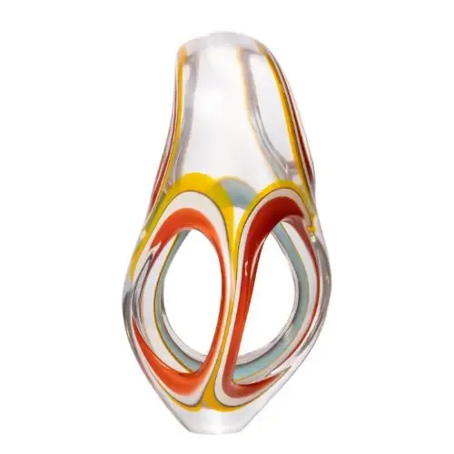 Clear glass vase with open loops, decorated with yellow, orange, and red swirls.