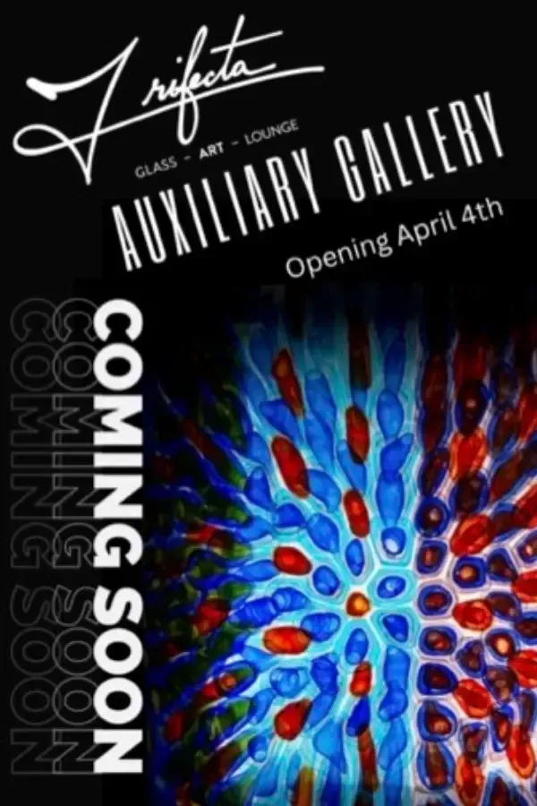 Poster for Trifecta Auxiliary Gallery opening April 4th, with glass art in red, blue, and white.