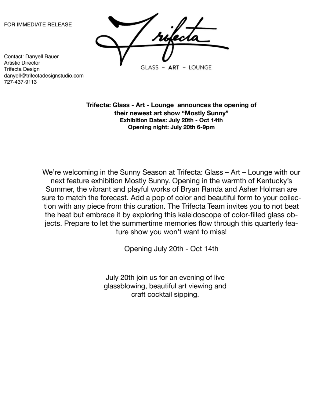 Press release for Trifecta Art-Lounge opening, July 2006. Text on a white background with a logo.