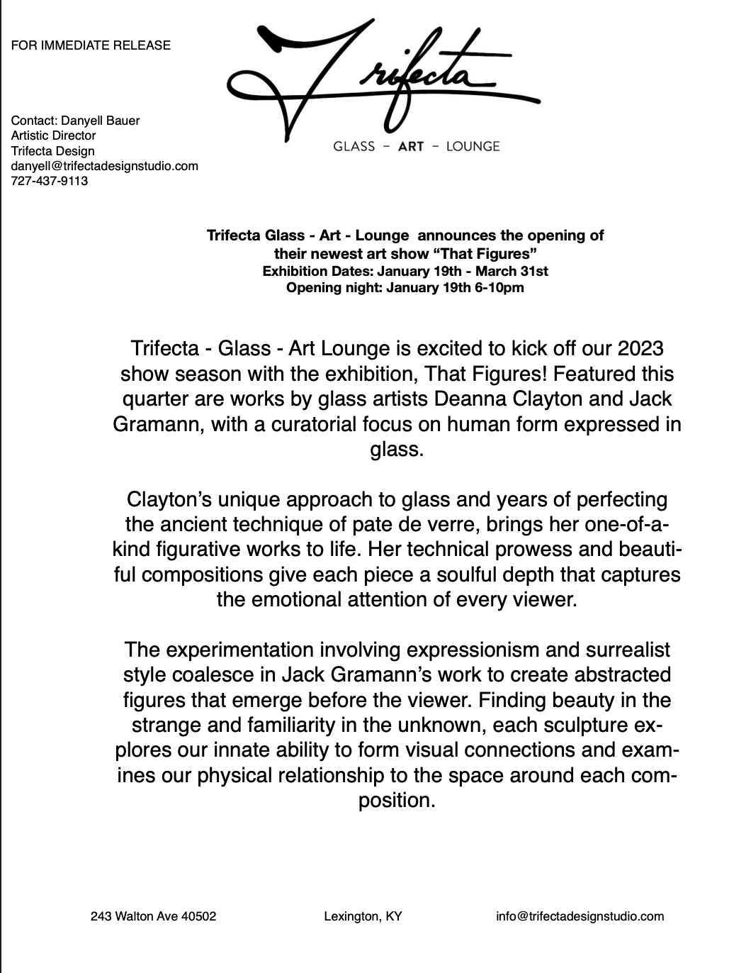 A flyer for an art exhibition at Trifecta Glass-Art Lounge featuring glass works by Donna Clayton and Jack Gramann.