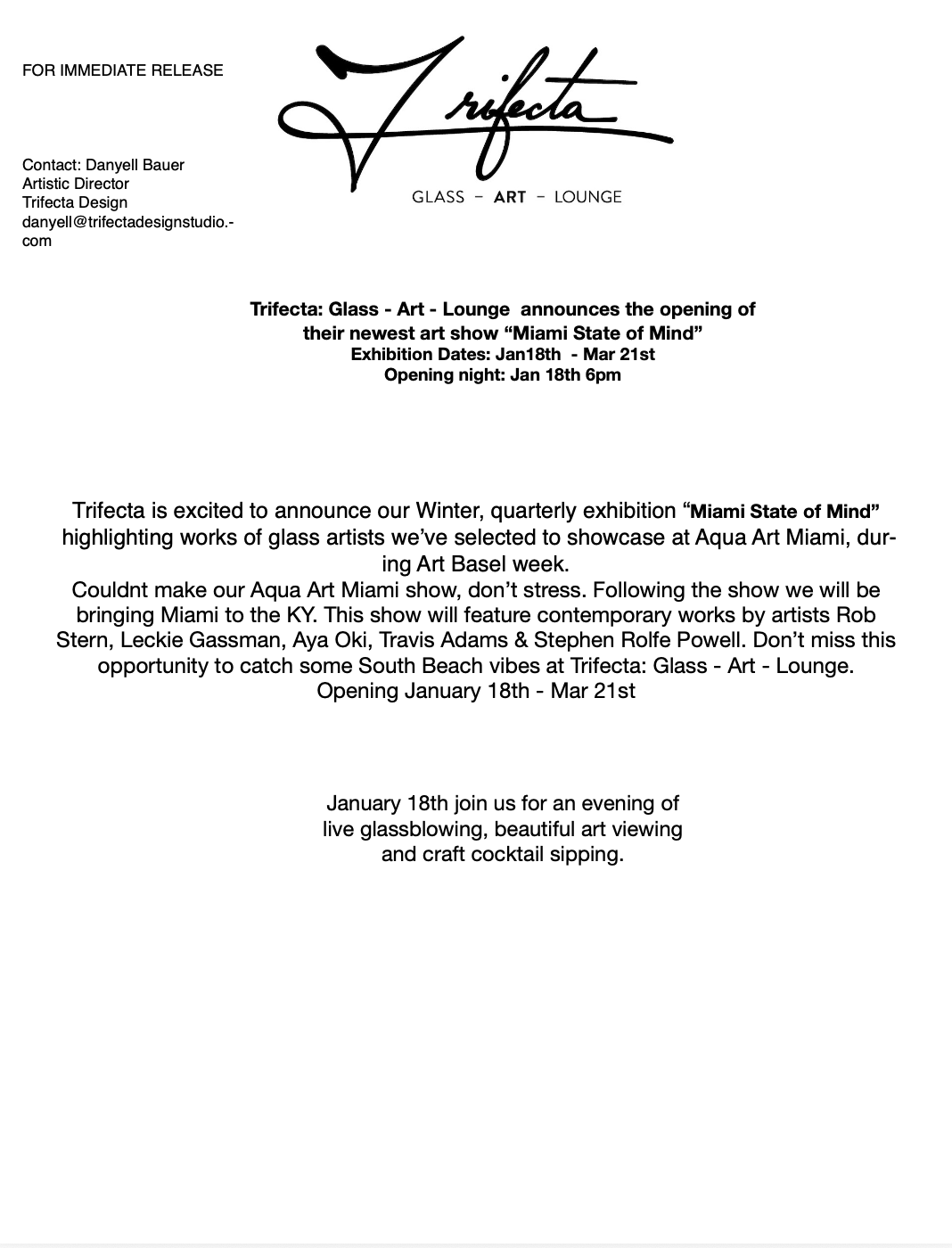 Flyer for Trifecta Glass Art Lounge art show,