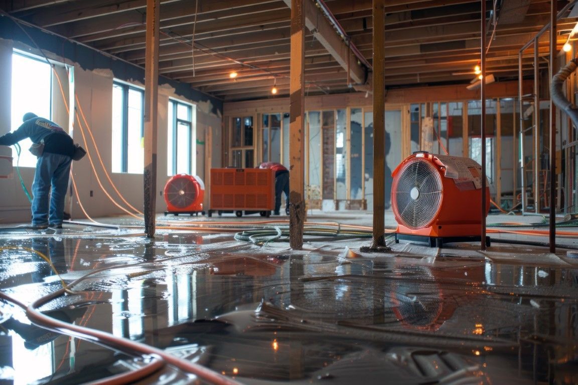 Flooded industrial room with orange fans, exposed beams, and workers cleaning the wet floor