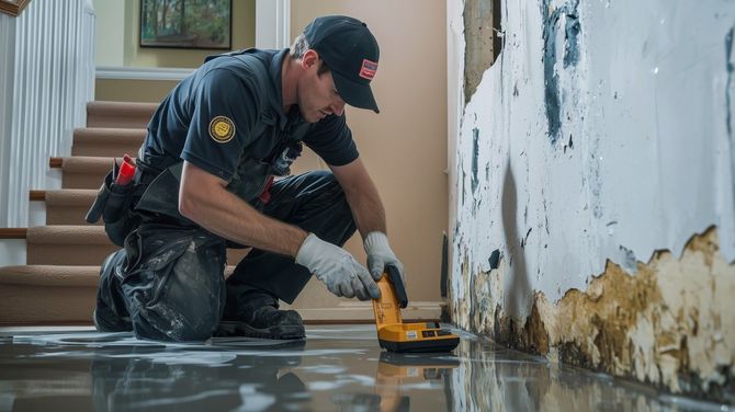 Worker kneeling on a floor, sanding damaged wall moldings with a power tool during home repair.
