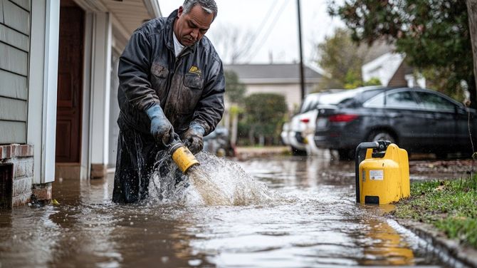 Man using a yellow pump to drain floodwater from a porch into the driveway