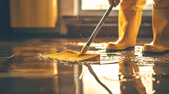 Person mopping a wet floor with a yellow mop, reflected in the water under warm indoor light