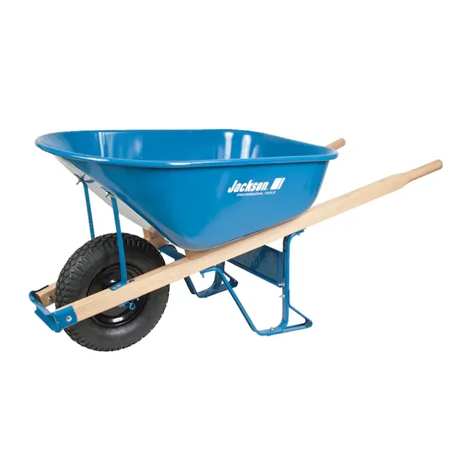 A blue wheelbarrow with a wooden handle on a white background