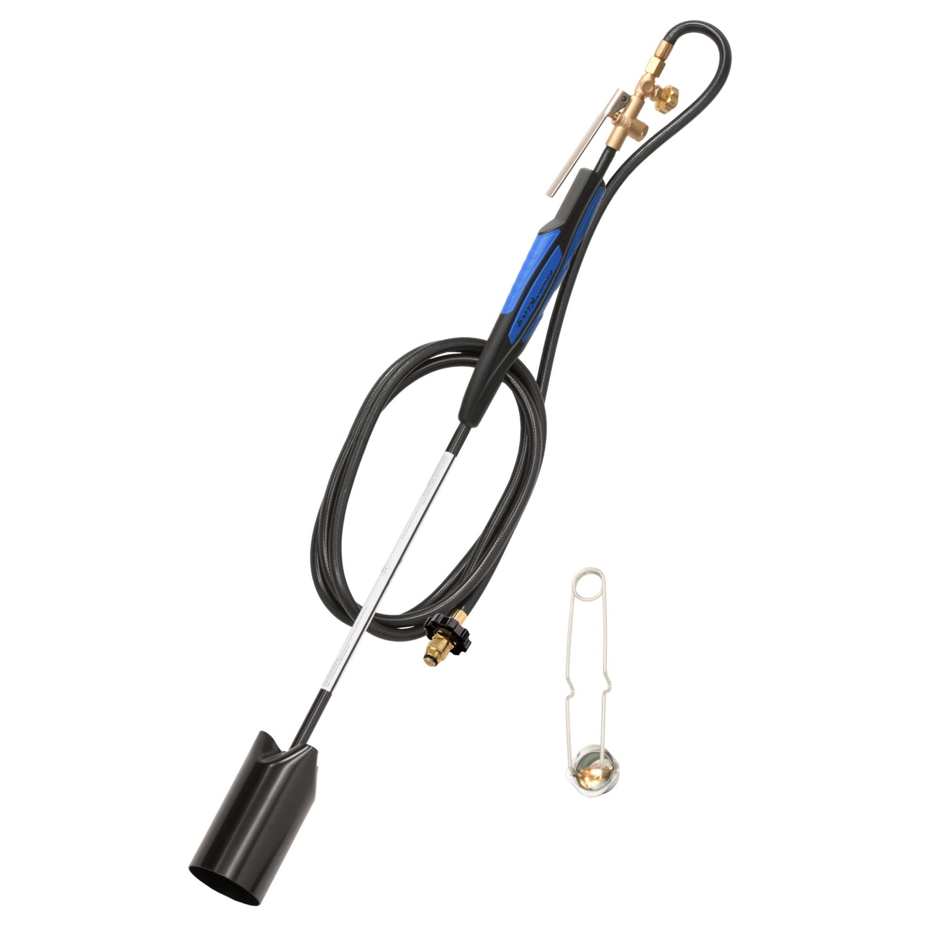 A propane torch with a hose attached to it on a white background.