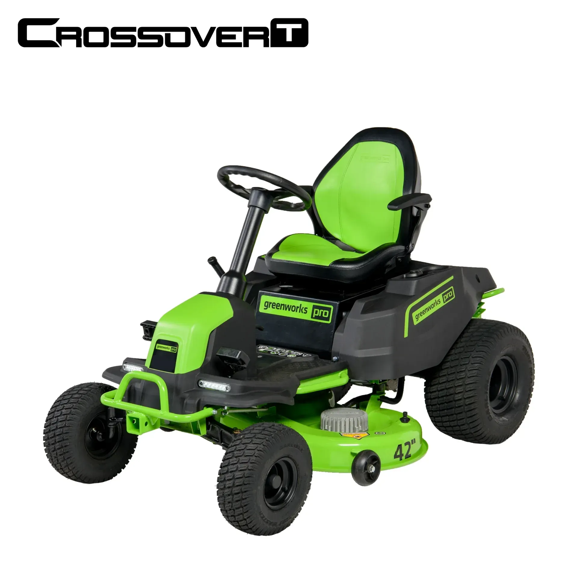 A green and black lawn mower is on a white background.