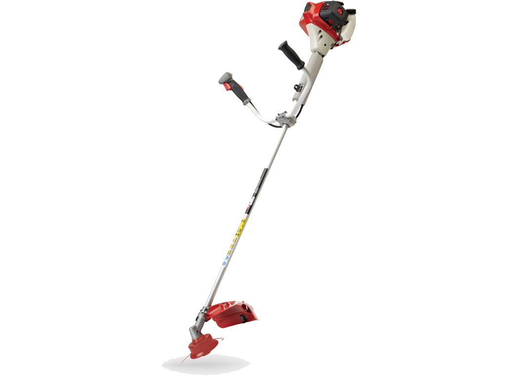 A red and white brush cutter on a white background.