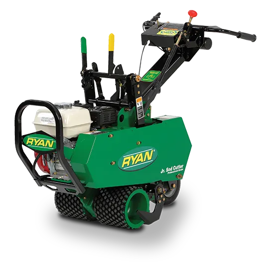 A green ryan lawn mower on a white background