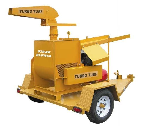 A turbo turf straw blower on a trailer