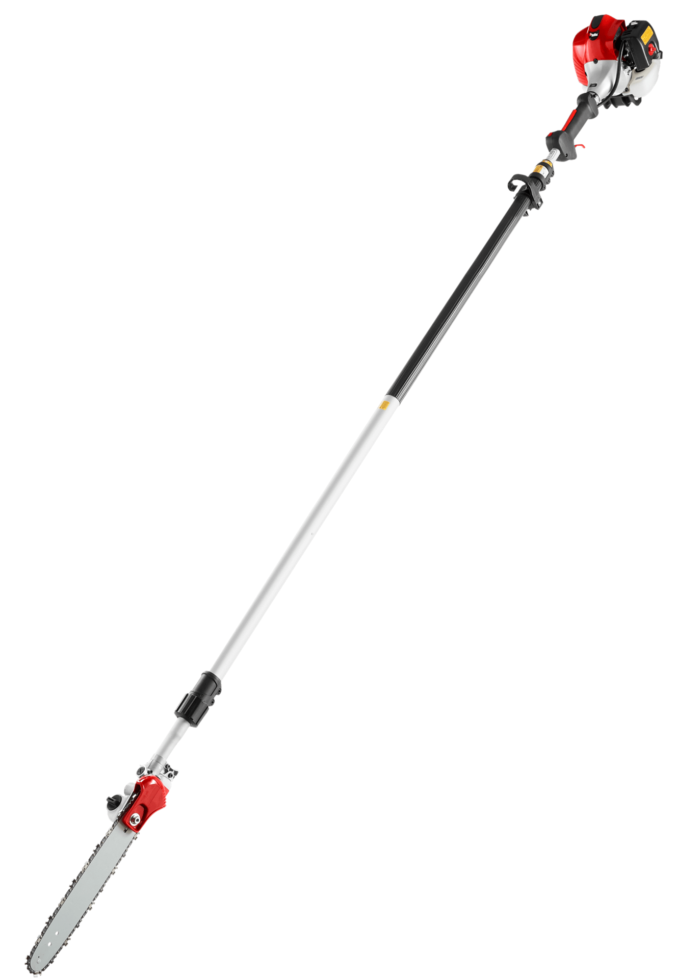 A long pole saw with a chainsaw attached to it on a white background.