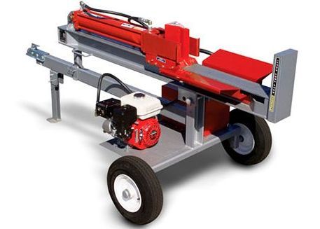 A red and gray log splitter with wheels and a red engine.