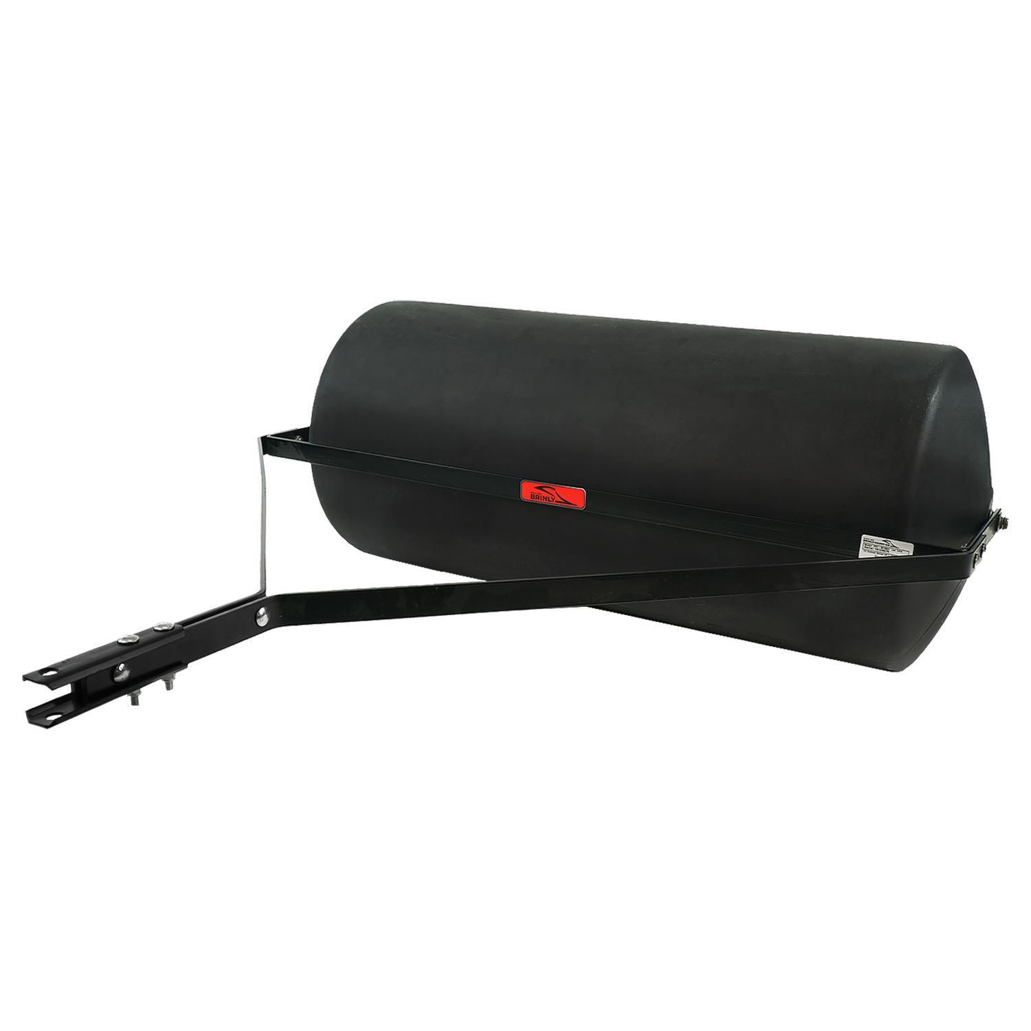 A black lawn roller is attached to a trailer on a white background.