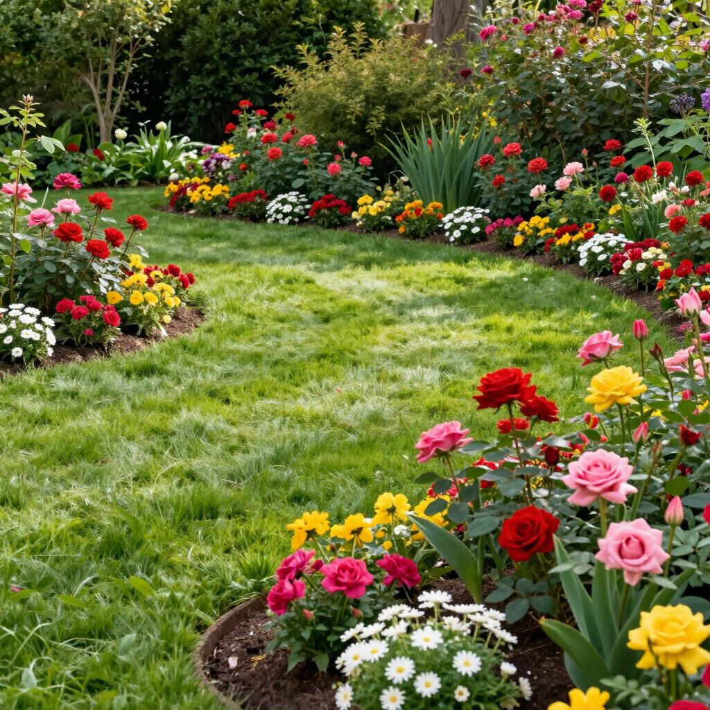Een levendige tuin met een gebogen graspad, omgeven door kleurrijke bloeiende rozen en andere bloemen.