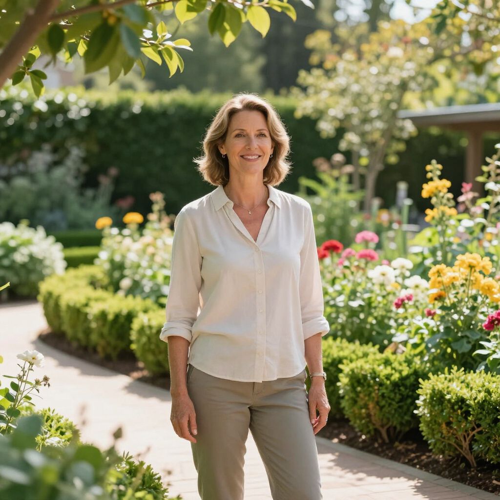 Vrouw in een lichtgekleurd shirt en broek staat glimlachend in een weelderige tuin.