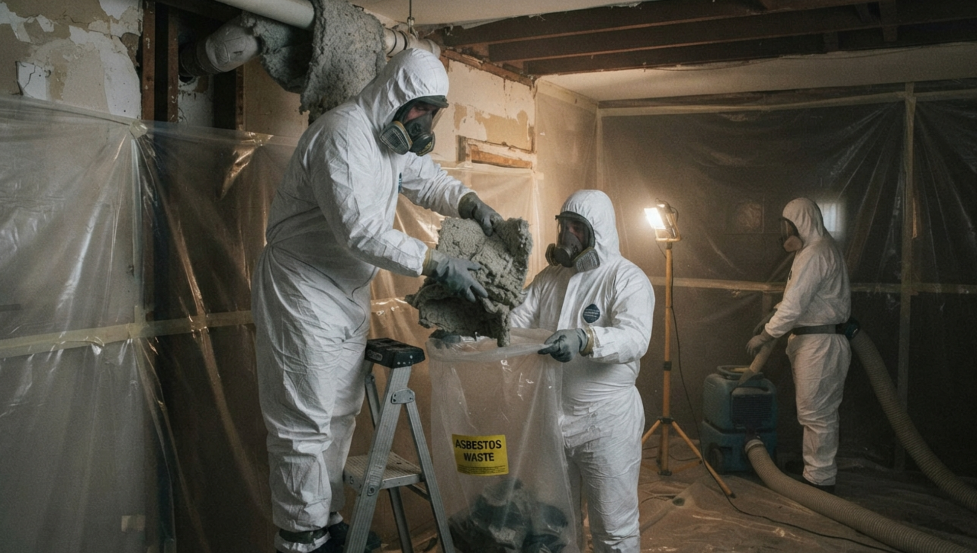 People in white hazmat suits working inside a dusty, dimly lit room