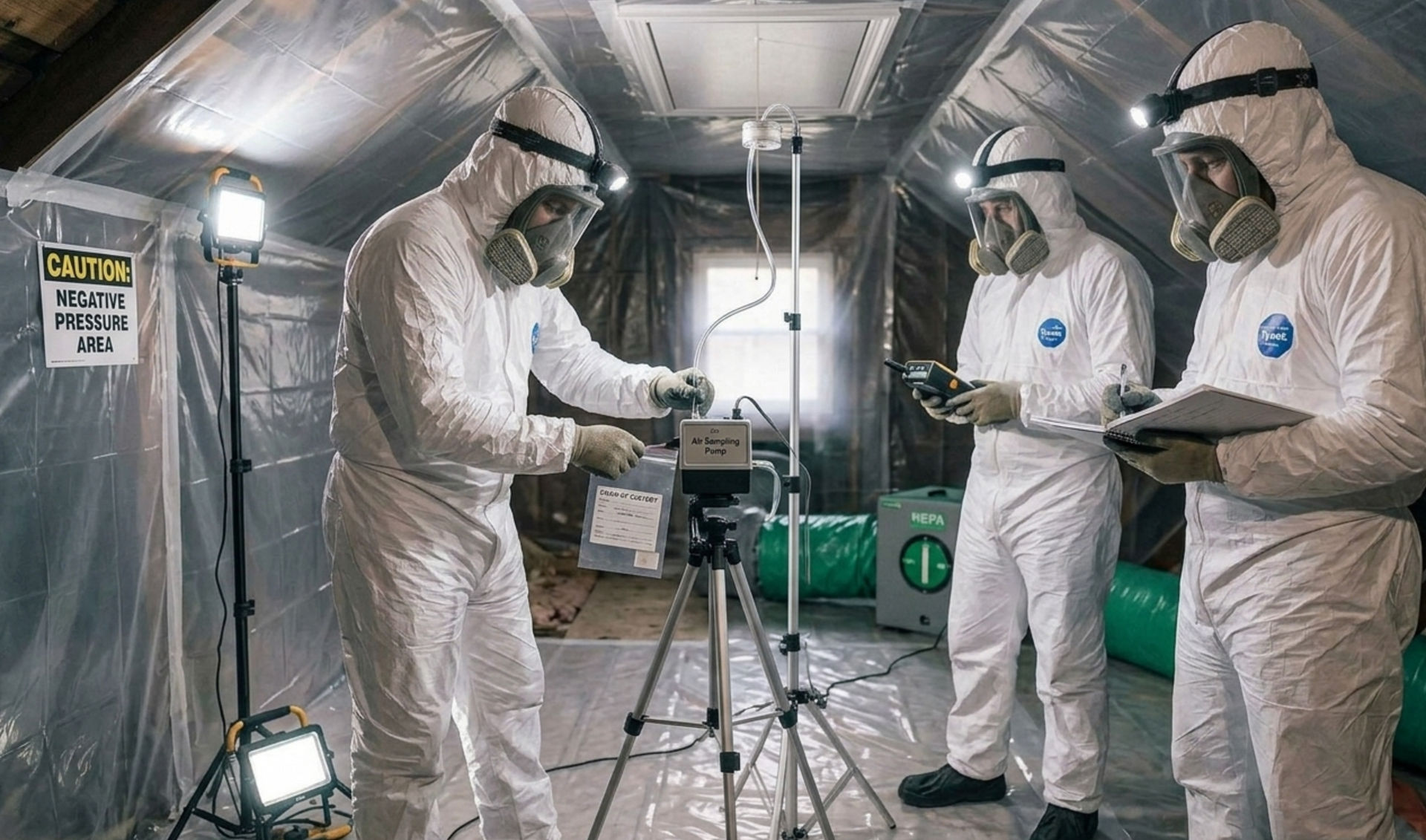 Workers in white hazmat suits inspect equipment in a metallic industrial tunnel