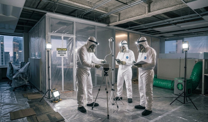 Three workers in protective suits inspecting a room with equipment and a green-screen setup