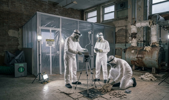 Workers in white hazmat suits sampling debris in a damaged industrial room