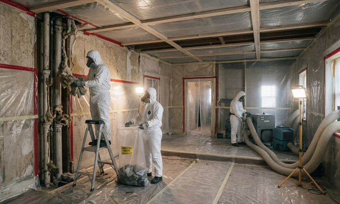 Two workers in white suits renovating a room, applying insulation and drywall with ladders and tools.