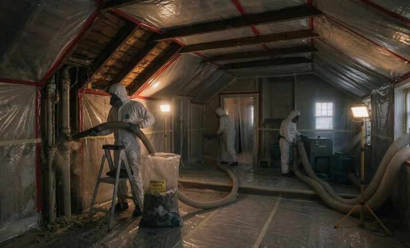 Dusty attic with workers in hazmat suits inspecting exposed insulation and ductwork