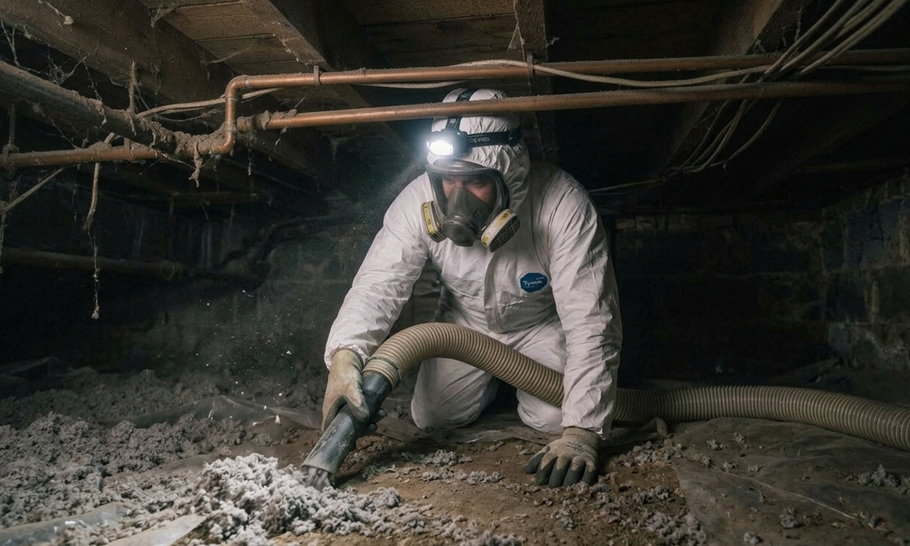 Miner crouching in a narrow underground tunnel, wearing a headlamp and dust-covered protective gear.