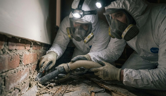 Workers in masks and gloves clearing debris from a damaged brick wall inside a dusty crawl space