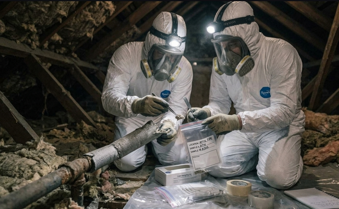 Two hazmat-suited workers inspecting a sealed container in a damaged attic under roof beams