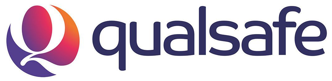 Qualsafe logo featuring a circular icon with a purple-to-orange gradient next to the dark blue text