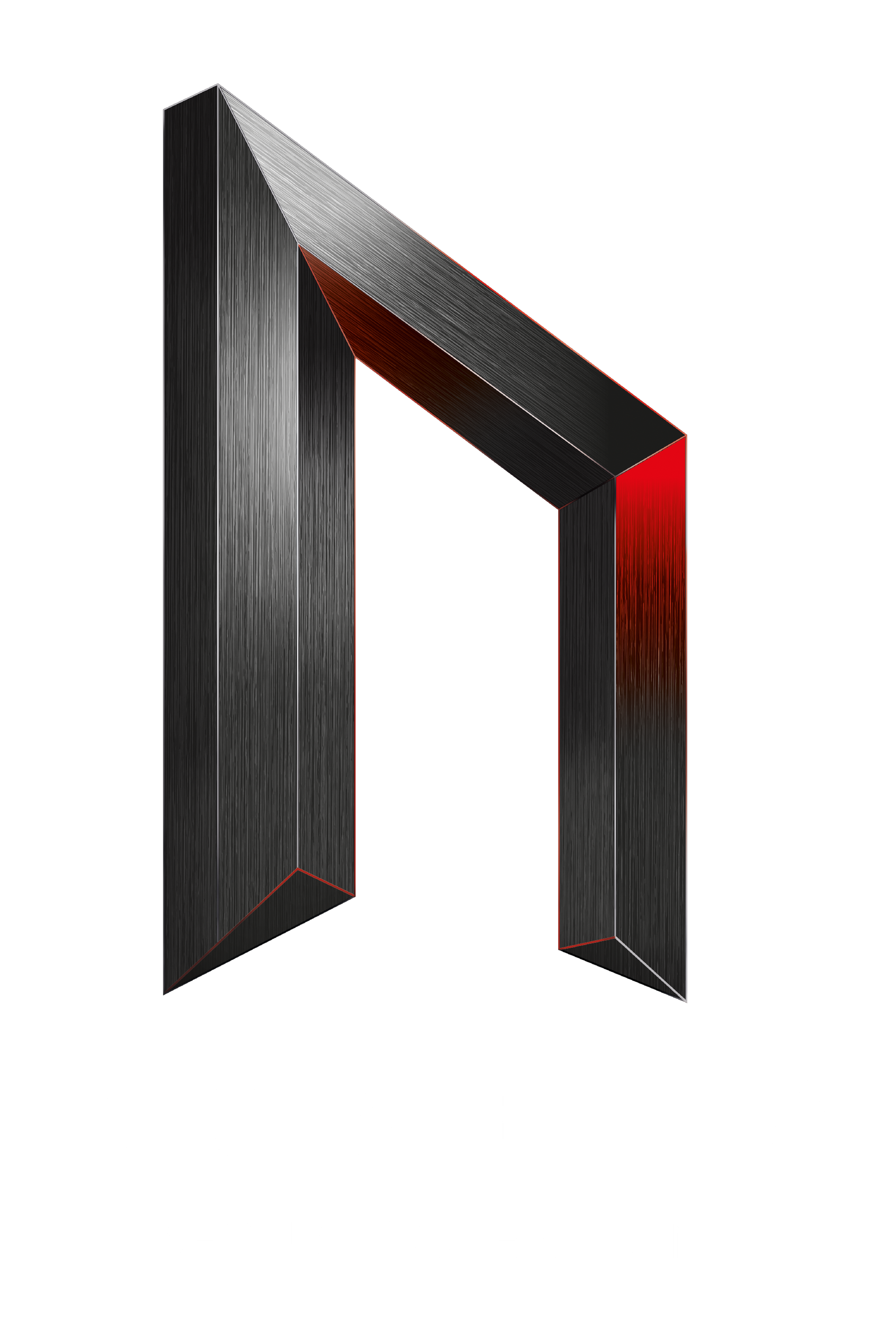 A 3D, metallic black rune resembling the letter 