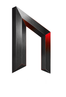 A 3D, metallic black rune resembling the letter