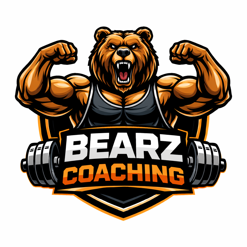 Logo for Bearz Coaching featuring a muscular brown bear in a gym tank top flexing, set against a barbell and shield icon.