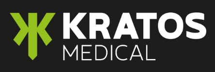 Logo for Kratos Medical featuring a lime green geometric icon next to the word