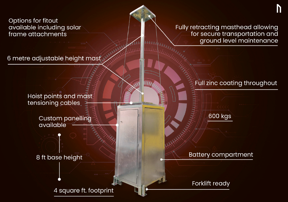 An industrial 6-meter adjustable mast unit on a 4-square-foot base, featuring a retractable head, battery, and hoist.