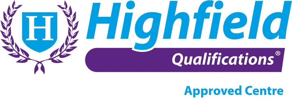 Highfield Qualifications logo: blue shield with an H inside a laurel wreath, with the text