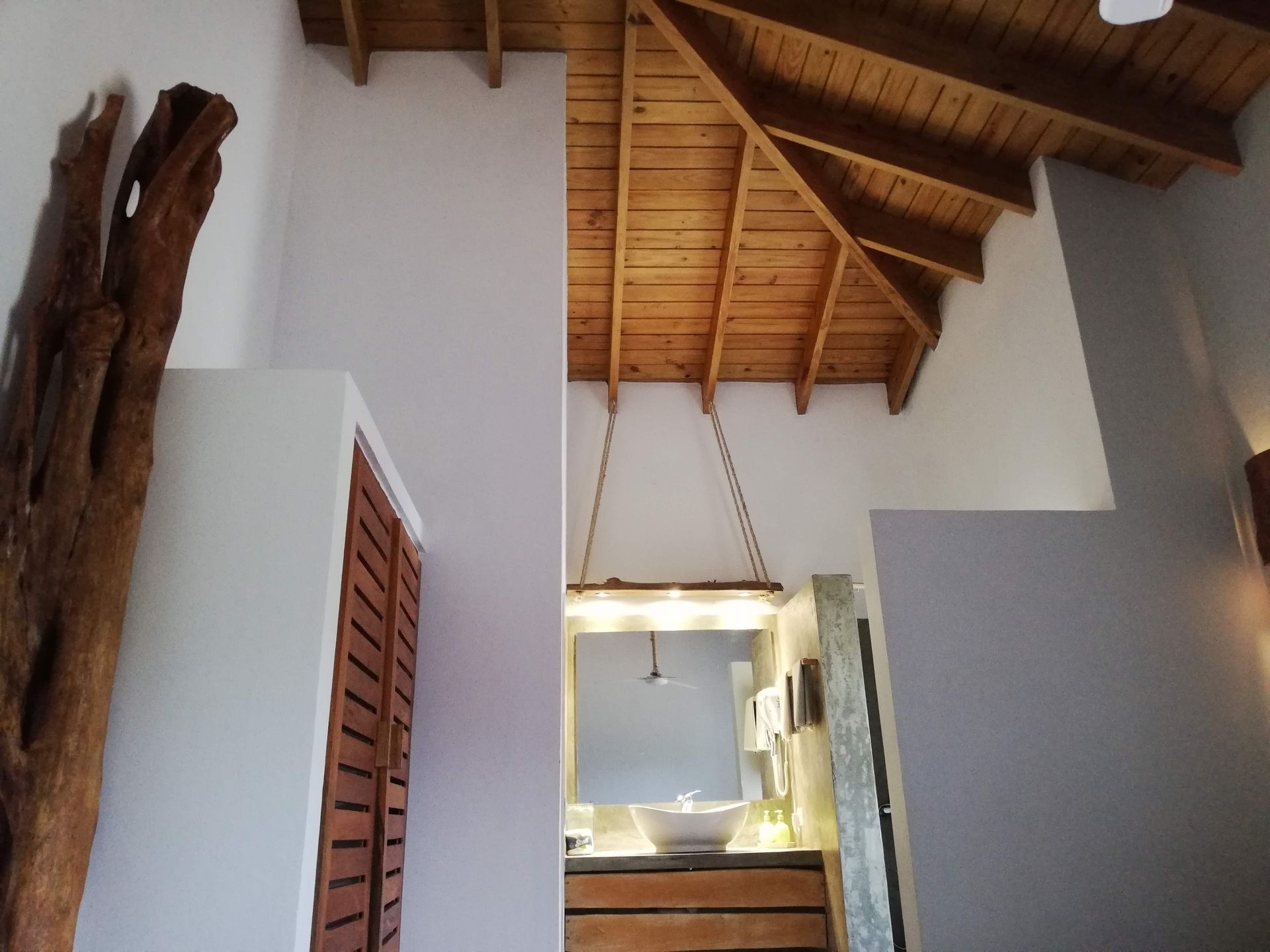 Interior view of a room with wood paneling on ceiling, a bathroom mirror, and wooden door.
