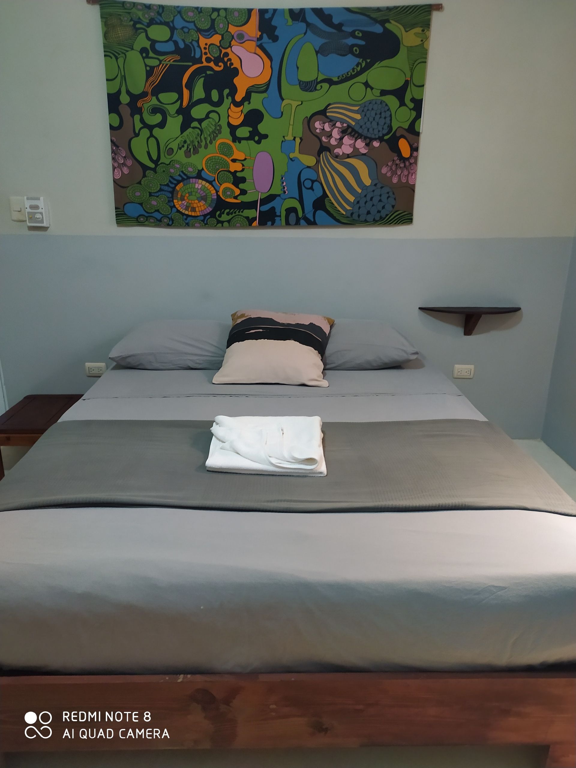 Bedroom with a double bed, gray sheets, a decorative tapestry, and a small shelf.