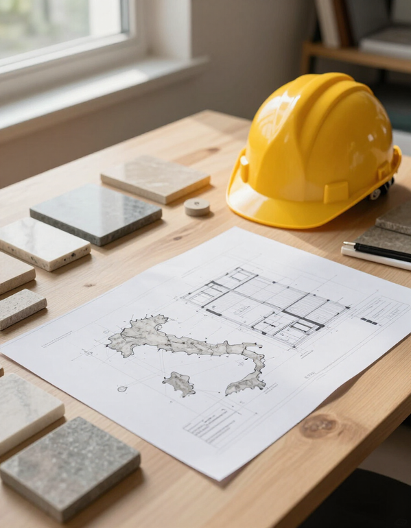 Tavolo di progettazione con planimetrie, campioni di materiali ed elmetto da cantiere