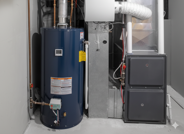 Blue water heater next to a furnace in a utility room. Copper pipes and white ductwork are visible.