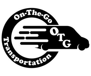 A black and white logo for on the go transportation with a van in a circle.