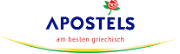 Logo für Apostels, eine griechische Lebensmittelmarke. Blauer Text mit Blume darüber, grüne und gelbe Welle darunter.