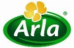 Arla-Logo: Weißer Schriftzug „Arla“ auf einem grünen Oval, mit einer gelben Blume darüber.