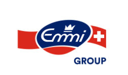 Logo der Emmi Group: blaues Oval mit „Emmi“ und Krone, rotes Banner, Schweizer Kreuz und „GROUP“.