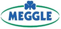 Logo für die Marke MEGGLE. Blauer Text und Kleeblatt in einem grünen Oval.