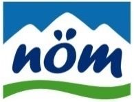 Logo der Molkereimarke Nöm mit blauen Bergen, grünem Feld und dem Markennamen in Schreibschrift.