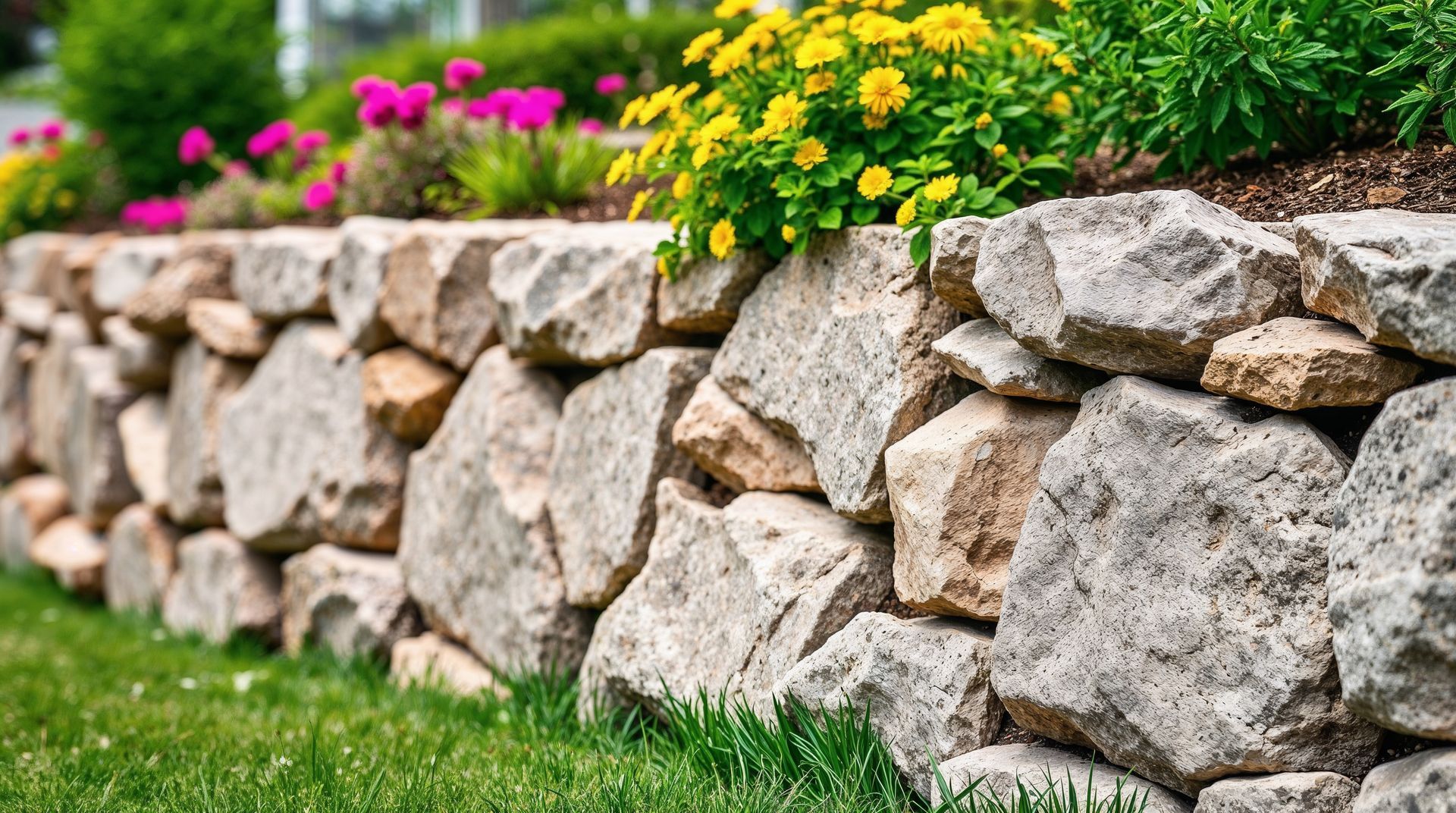 Stone garden retaining wall with yellow and pink flowers along the top edge