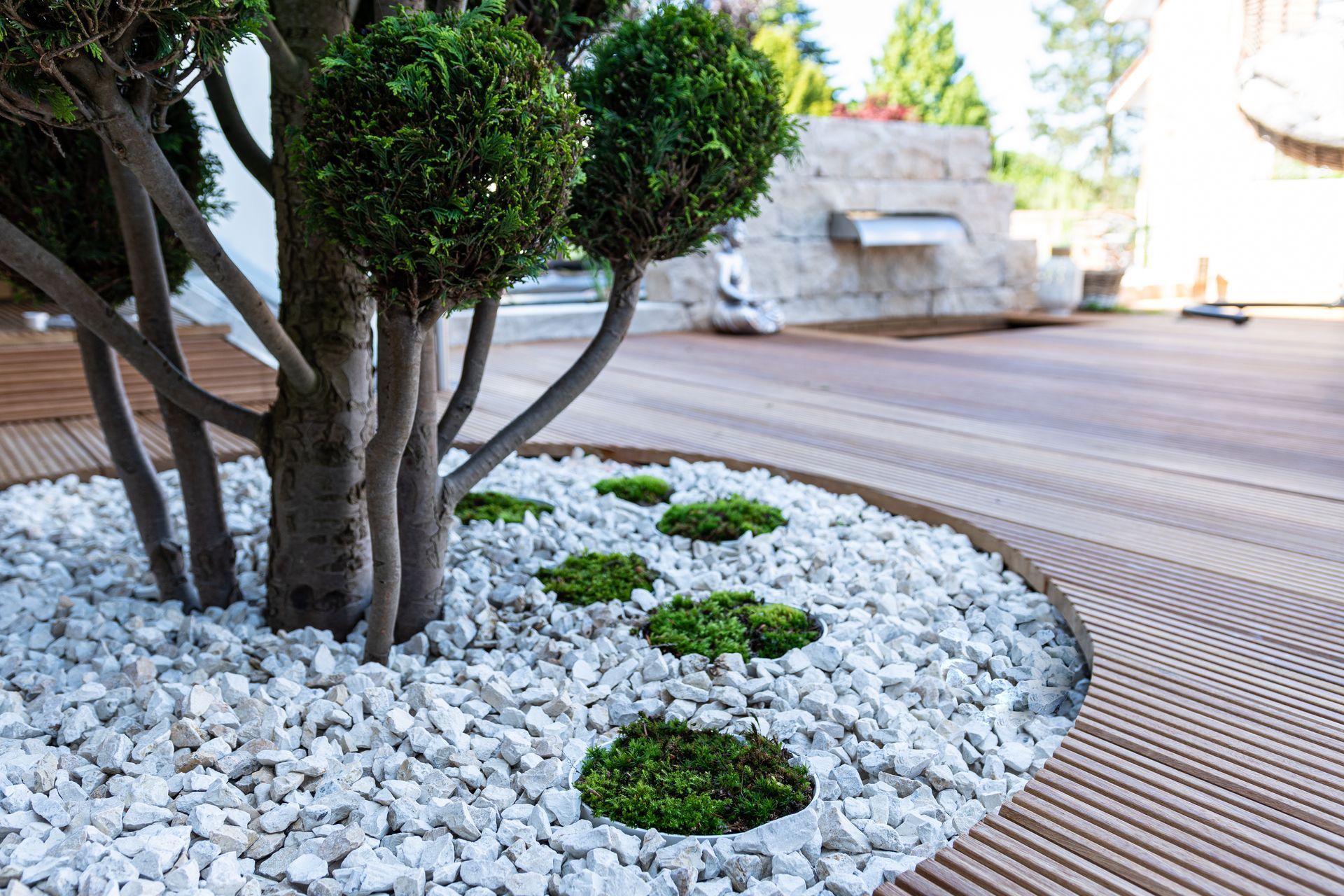 Landscape with trimmed trees, white gravel, and circular green shrubs beside a patterned walkway