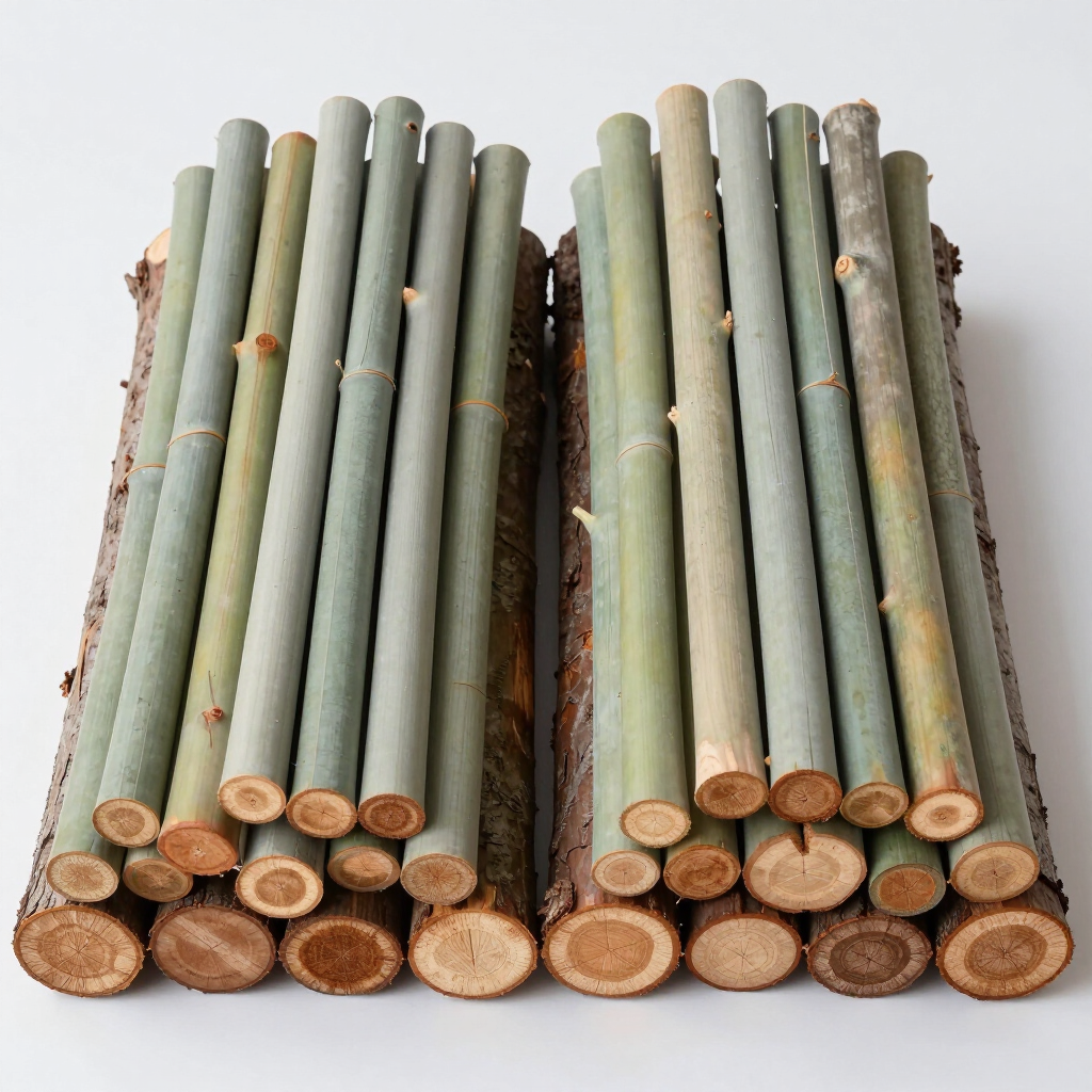 Manojos de postes de madera verde apilados uno al lado del otro, con los extremos cortados hacia adelante.